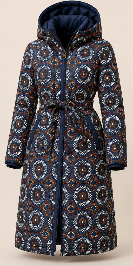 Long Puffer Jacket Ladies - African print mosaic design in navy, rust and ivory